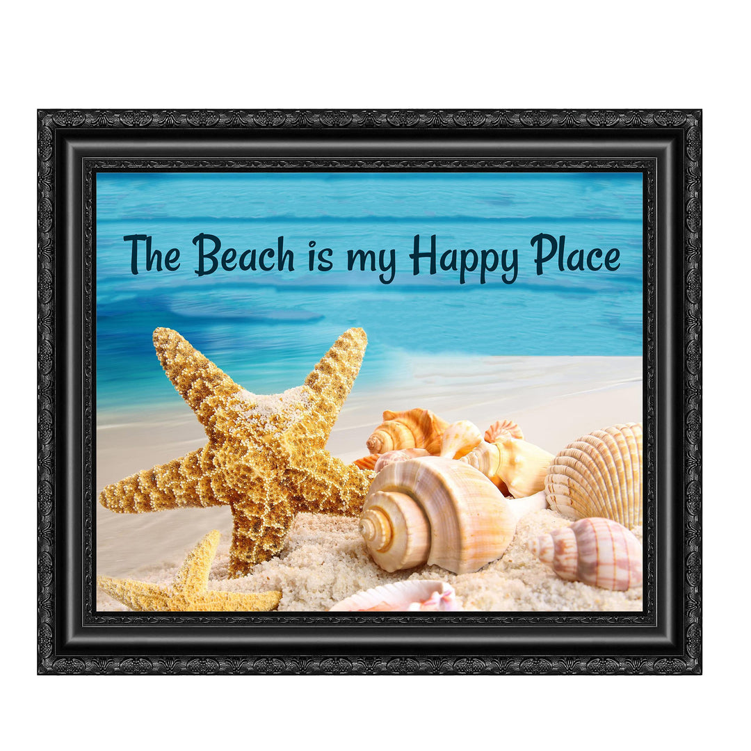 The Beach Is My Happy Place- Ocean Themed Wall Art Decor -10 x 8" Sea Shells &amp; Starfish in the Sand Picture Print -Ready to Frame. Fun Coastal Decoration for Home-Office-Beach House Decor.