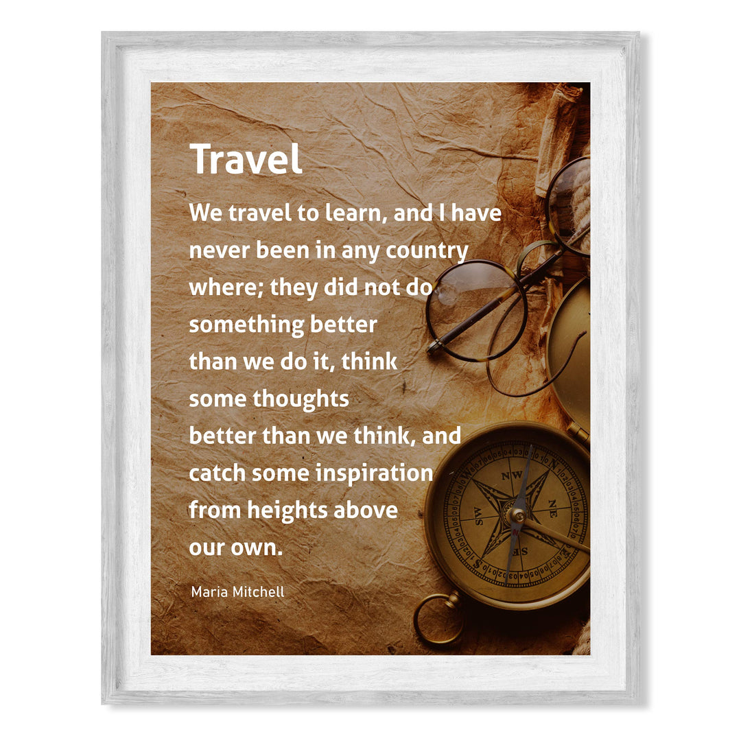 ?We Travel to Learn &amp; Catch Inspiration?-Motivational Wall Art-8x10" Typographic Distressed Parchment Print w/Compass Image-Ready to Frame. Inspirational Home-Office-Classroom-Cave-Library Decor!