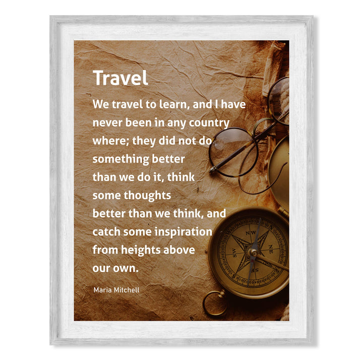 ?We Travel to Learn &amp; Catch Inspiration?-Motivational Wall Art-8x10" Typographic Distressed Parchment Print w/Compass Image-Ready to Frame. Inspirational Home-Office-Classroom-Cave-Library Decor!