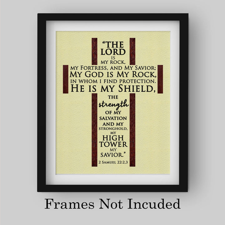 The Lord Is My Rock, My Savior-Bible Verse Wall Art -8 x 10" Rugged Cross Word Art -Scripture Wall Print-Ready to Frame. Home-Office-Church-Religious Decor. 2 Samuel 22:2-3. Perfect Christian Gift!