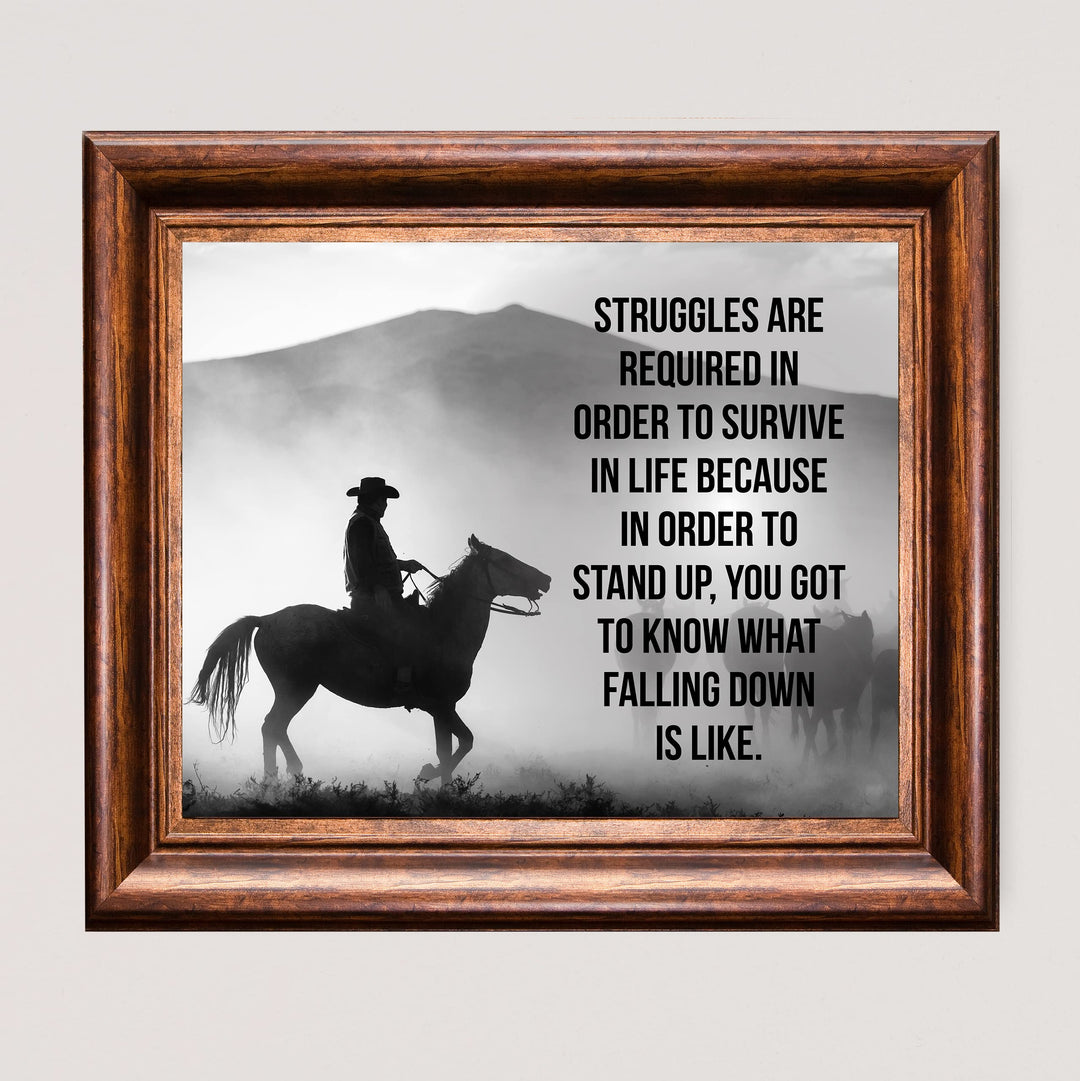 Struggles Are Required in Order to Survive Inspirational Western Wall Art-10x8" Rustic Mountain Print w/Cowboy Riding Horse-Ready to Frame. Farmhouse Decor for Home-Office-Barn. Great Life Lesson!