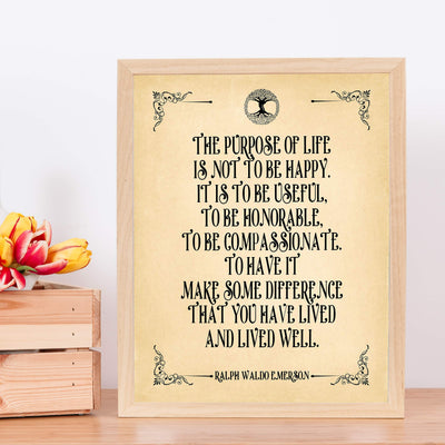 Ralph Waldo Emerson Quotes-"The Purpose Of Life Is To Be Useful" Inspirational Wall Art -11 x 14" Poetic Distressed Parchment Print-Ready To Frame. Perfect Home-Office-Study-School-Library Decor!