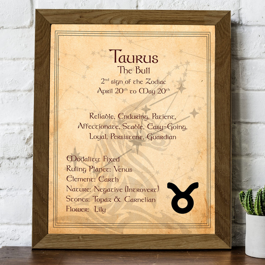 Taurus -The Bull- Zodiac Sign Wall Art. 8 x 10" Print Wall Print-Ready to Frame. Constellation Design-Astrology Decor for Home-Office-Bedroom. Horoscope&
