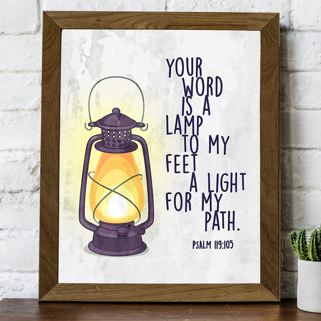Your Word Is a Light for My Path- Psalm 119:105 -Bible Verse Wall Art -8 x 10" Christian Scripture Wall Print w/Lamp Image-Ready to Frame. Home-Office-Church-School Decor. Great Religious Gift!