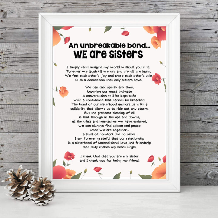 We Are Sisters Inspirational Poem Wall Art -8 x 10" Floral Poster Print-Ready to Frame. Modern Typographic Design. Perfect Home-Office-Studio Decor. Loving, Keepsake Gift for All Sisters!
