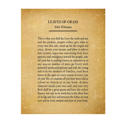 Leaves Of Grass- Walt Whitman Poem Page Print- 8 x 10" Poetic Wall Art. Distressed Parchment Print-Ready To Frame. Retro Home-Office-Study-School-Library Decor. Great Art Gift for Poetry Fans.