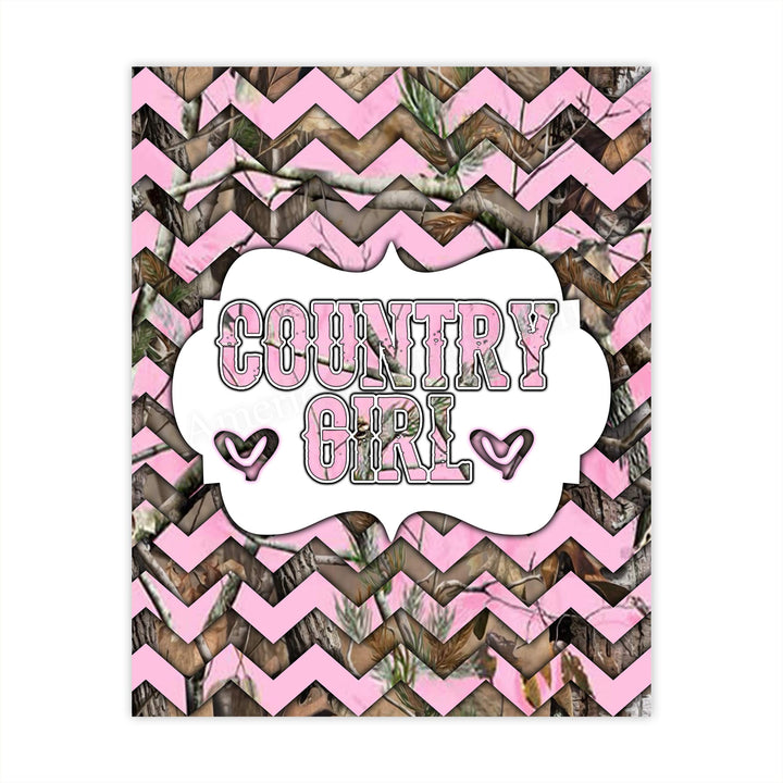 Country Girl -Rustic Inspirational Wall Art Sign -8 x 10" Western Chevron Pink Camo Print -Ready to Frame. Chic Decoration for Home-Office-Farmhouse-Dorm Decor. Cute Gift for All Southern Girls!