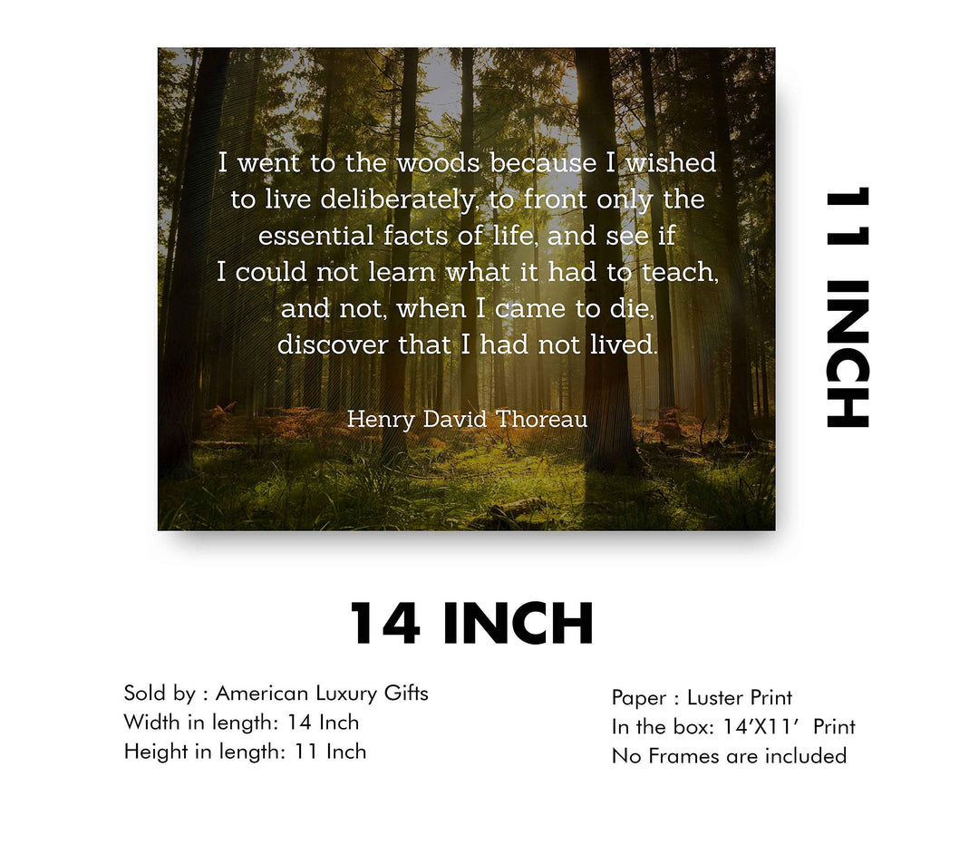 Henry David Thoreau Quotes-"I Went to the Woods to Live Deliberately" Inspirational Poem Art-14 x 11" Typographic Wall Print-Ready to Frame. Home-Office-School-Library Decor. Great for Poetry Fans!