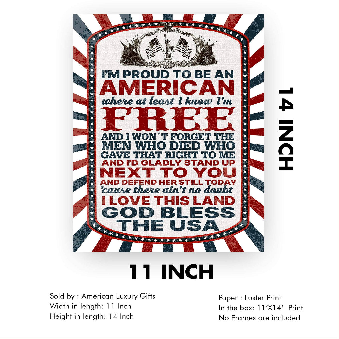 I'm Proud to Be An American-Patriotic Song Art Wall Decor -11 x 14" God Bless the USA Lyrics Print-Ready to Frame. Inspirational Home-Office-School-Garage-Cave Decor. Display Your Patriotism!