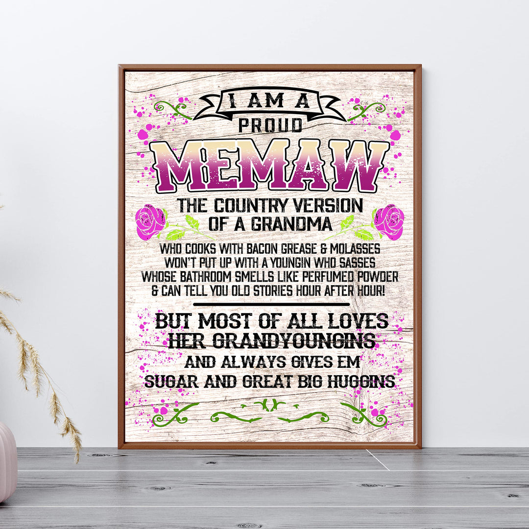 Proud Memaw-Country Version of Grandma Rustic Floral Wall Art -11 x 14" Decorative Farmhouse Print-Ready to Frame. Funny Home-Office-Welcome Decor. Great Gift for Grandmas! Printed on Photo Paper.