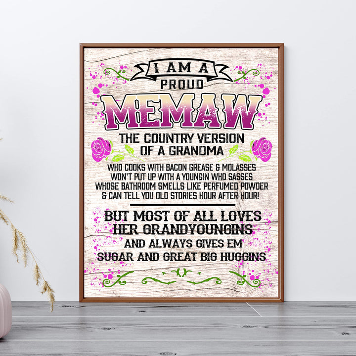 Proud Memaw-Country Version of Grandma Rustic Floral Wall Art -11 x 14" Decorative Farmhouse Print-Ready to Frame. Funny Home-Office-Welcome Decor. Great Gift for Grandmas! Printed on Photo Paper.