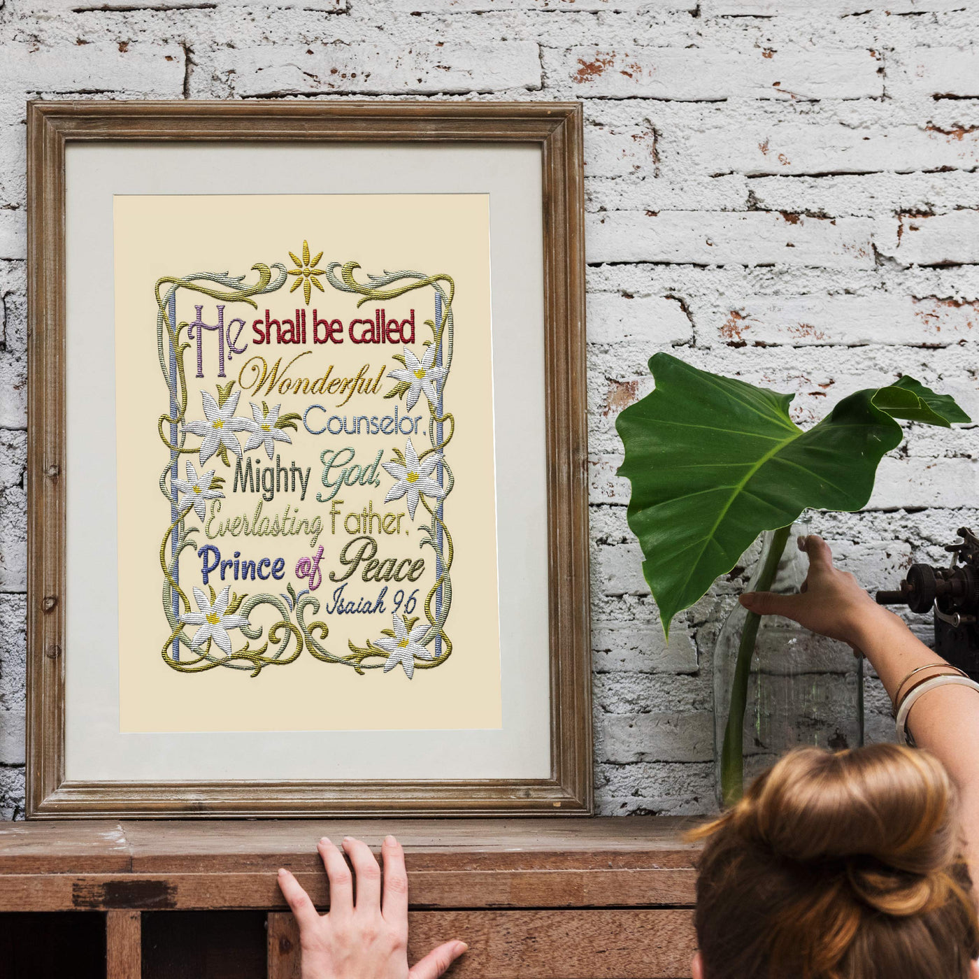 Isaiah 9:6-"He Shall Be Called Wonderful Counselor" Bible Verse Wall Art -11 x 14" Scripture Wall Print w/Replica Embroidery Design- Ready to Frame. Christian Home-Office-Sunday School-Church Decor.