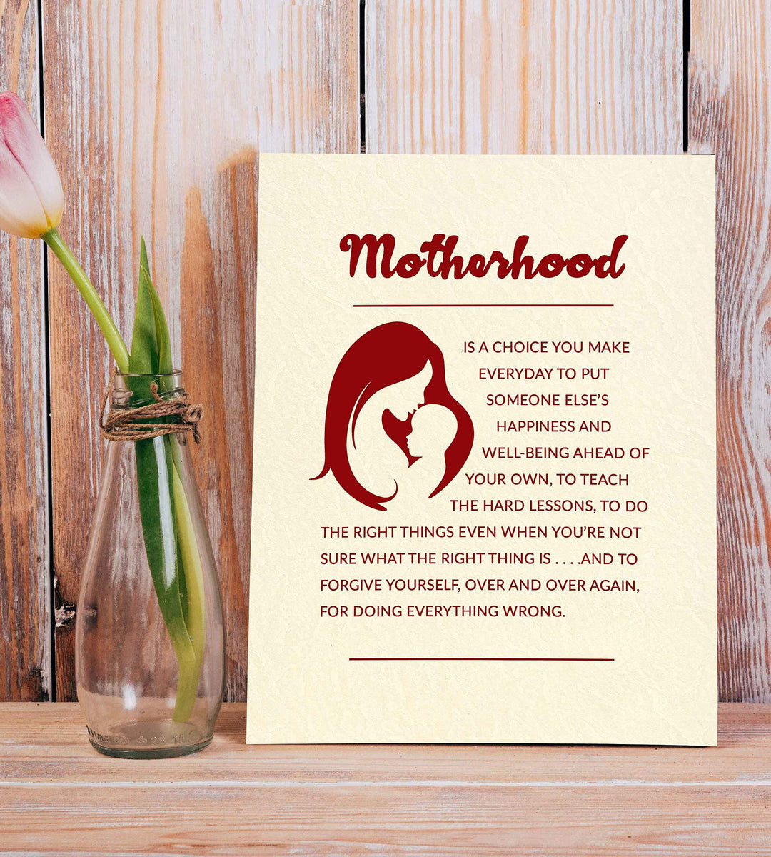 Motherhood -Inspirational Wall Art Sign- 8 x 10" Modern Typographic Poster Print-Ready to Frame. Motivational Wall Decor for Home-Office-Nursery-Clinic. Great for Mothers. Perfect Baby Shower Gift!