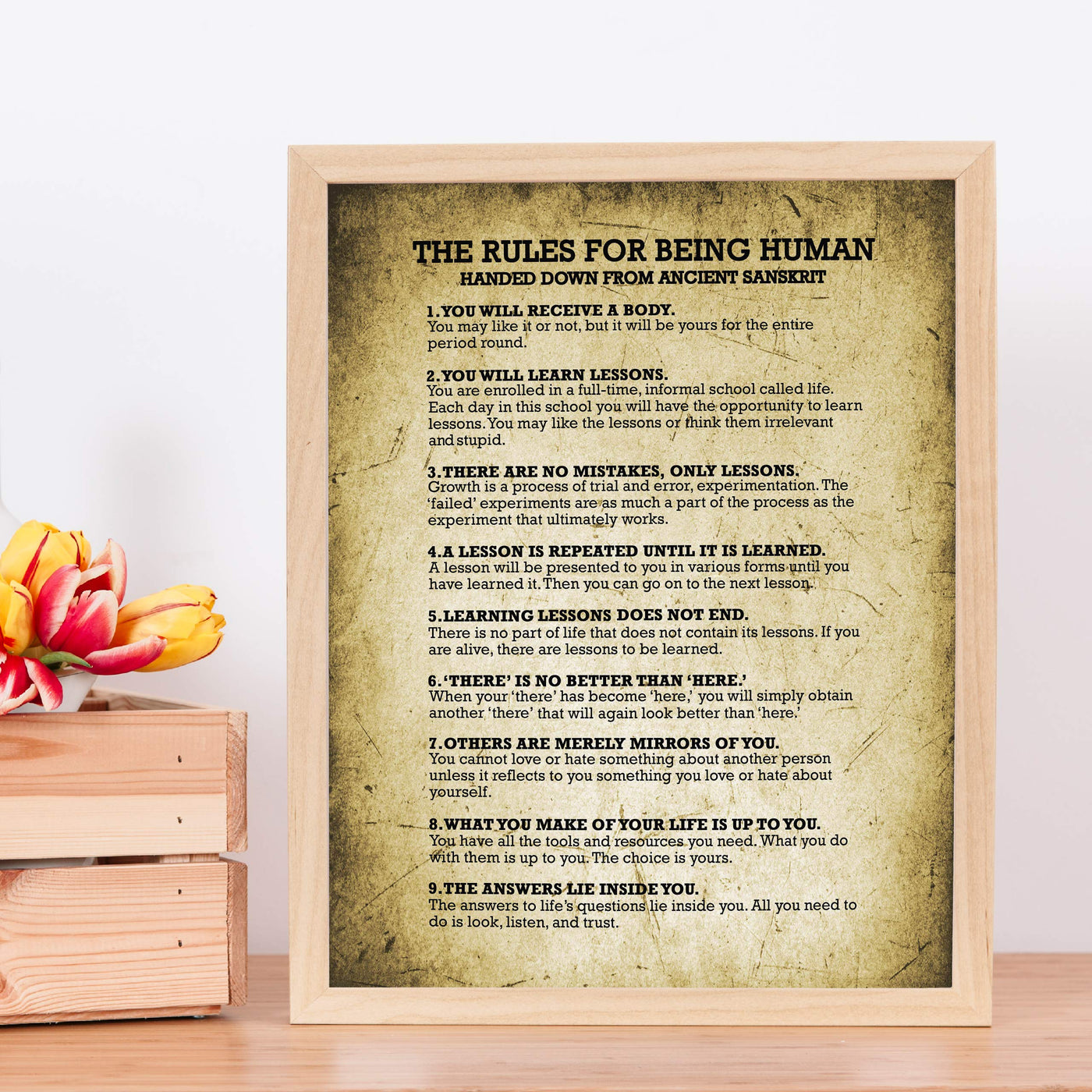 The Rules for Being Human Motivational Quotes Wall Sign-11 x 14" Inspirational Distressed Poster Print-Ready to Frame. Positive Home-Office-School-Studio Decor. Perfect Life Lessons for All!