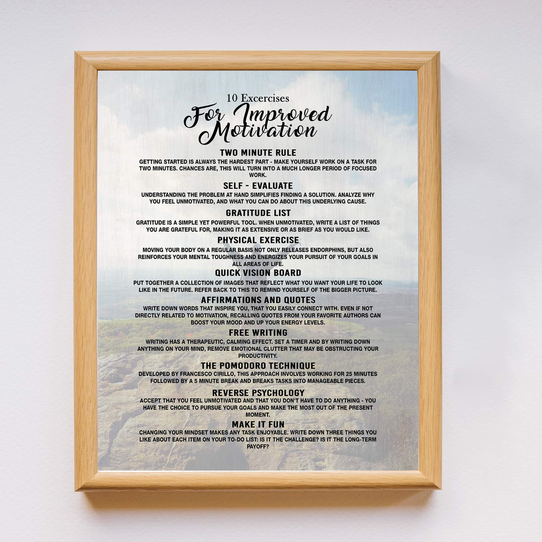 10 Exercises for Improved Motivation-11 x 14" Motivational Exercise Poster Print. Modern Inspirational Wall Art Sign- Ready to Frame. Home-Office-Gym-Studio Decor. Perfect Gift to Motivate All!