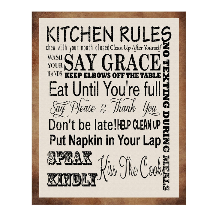 Kitchen Rules for Good Manners- Funny Kitchen Sign- 11 x 14" Humorous Typographic Wall Art Print-Ready to Frame. Perfect Home Decor &amp; Kitchen Decor. Fun Reminders to Inspire Good Table Manners!