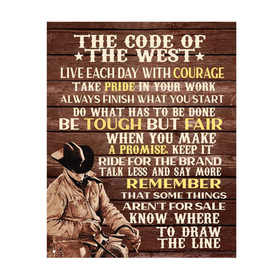 Code of the West Inspirational Cowboys Wall Art -11x14" Country Rustic Western Print w/Cowboy Riding Horse Image -Ready to Frame. Farmhouse Decoration for Home-Office-Barn Decor. Great Gift!