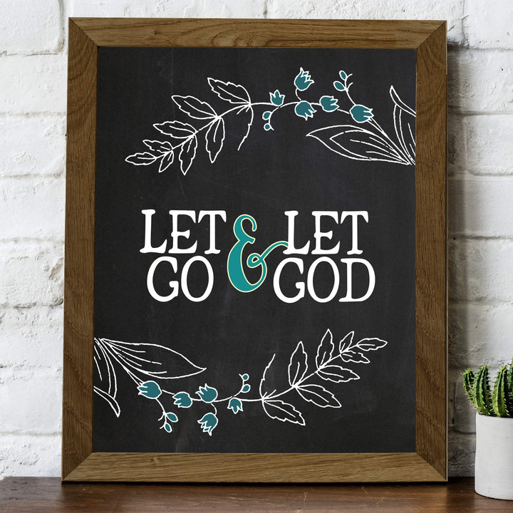 Let Go &amp; Let God Inspirational Quotes Wall Art-8x10" Floral Christian Poster Print-Ready to Frame. Modern Typographic Design. Positive Home-Office-Church Decor. Great Religious Gift! Have Faith!