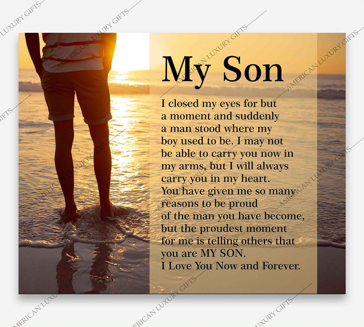 My Son-Love You Now &amp; Forever Inspirational Family Wall Art -10 x 8" Modern Typographic Beach Sunset Print-Ready to Frame. Loving, Heartfelt Message for All Sons. Great Wedding-Graduation Gift!