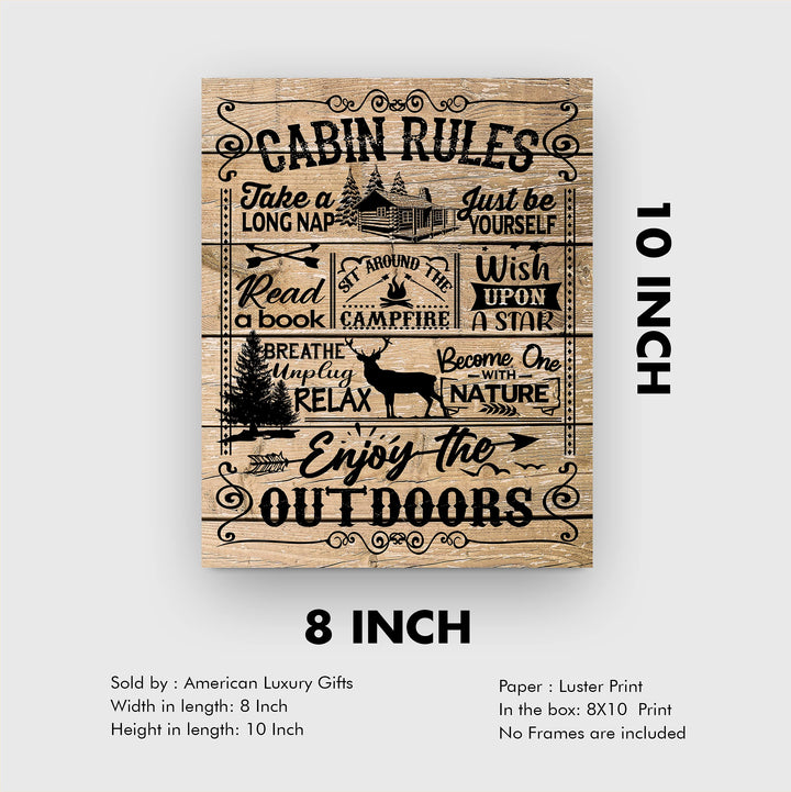 Cabin Rules- Rustic Wall Decor -8 x 10" Replica Distressed Wood Print-Ready to Frame. Perfect Wall Decor for Lake House-Lodge. Great Reminders to Relax and Enjoy Life! Printed on Photo Paper.