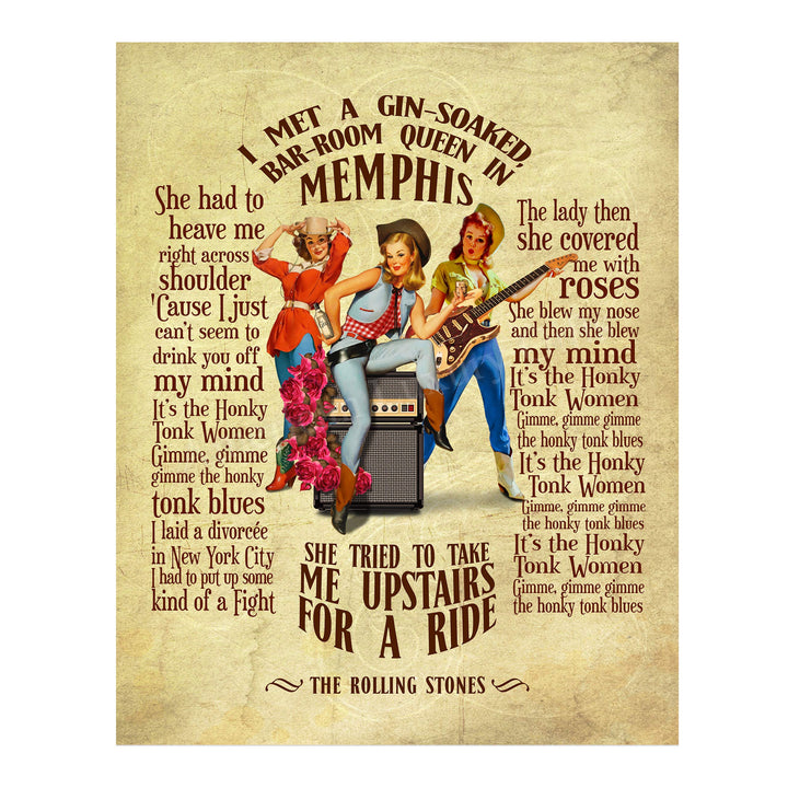 Rolling Stones-"Honky Tonk Women"-Song Lyric Wall Art Sign -11 x 14" Distressed Typographic Music Print-Ready to Frame. Home-Studio-Bar-Man Cave Decor. Perfect for Stones &amp; All Rock Music Fans!