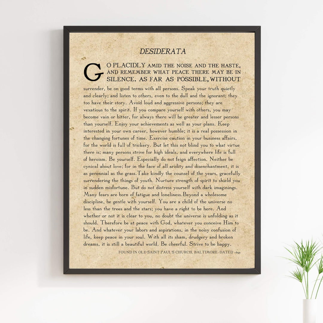 Desiderata by Max Ehrmann"- Poetry Wall Art- 11 x 14" Wall Print Decor. Original Poem on Distressed Parchment Print-Ready To Frame. Antique Home-Office-Library Decor. Great Art Gift for Poetry Fans.