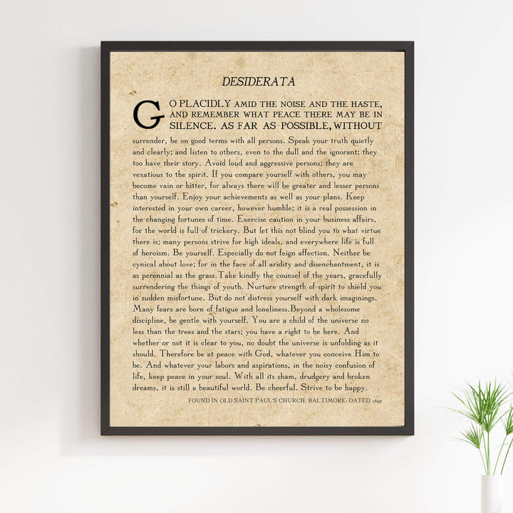 Desiderata by Max Ehrmann"- Poetry Wall Art- 11 x 14" Wall Print Decor. Original Poem on Distressed Parchment Print-Ready To Frame. Antique Home-Office-Library Decor. Great Art Gift for Poetry Fans.