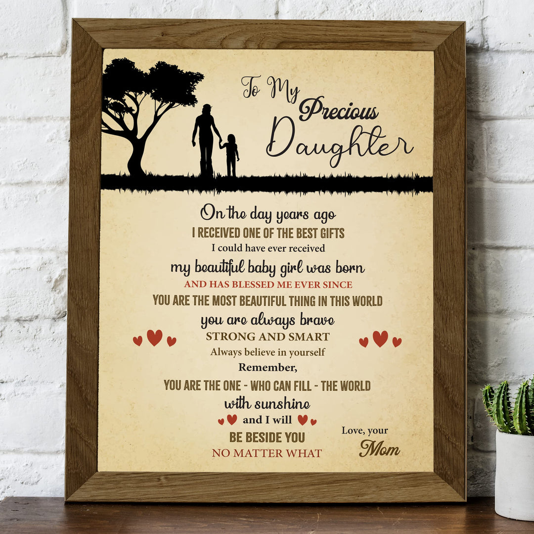 To My Precious Daughter -Love Mom Inspirational Family Wall Art -8 x 10" Rustic Mom &amp; Daughter Silhouette Print -Ready to Frame. Home - Girls Bedroom Decor. Loving, Keepsake Gift for All Daughters!