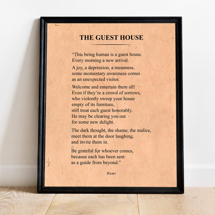 The Guest House-Be Grateful for Whoever Comes-Rumi Book Page Print-11 x 14" Literary Wall Art Quotes w/Replica Distressed Parchment Design-Ready To Frame. Inspirational Home-Office-Spiritual Decor!