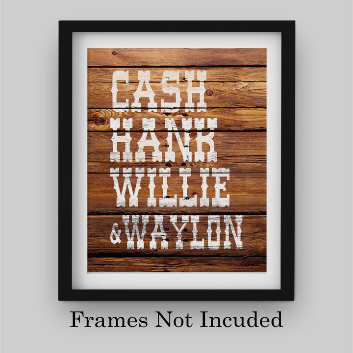Cash, Hank, Willie &amp; Waylon Country Music Legends -8 x 10" Rustic Typographic Poster Print w/Distressed Wood Design. Perfect for Home-Studio-Bar-Man Cave Decor. Printed on Paper, Not Wood.