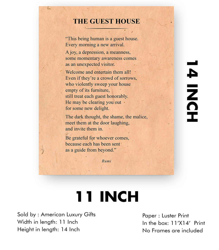 The Guest House-Be Grateful for Whoever Comes-Rumi Book Page Print-11 x 14" Literary Wall Art Quotes w/Replica Distressed Parchment Design-Ready To Frame. Inspirational Home-Office-Spiritual Decor!
