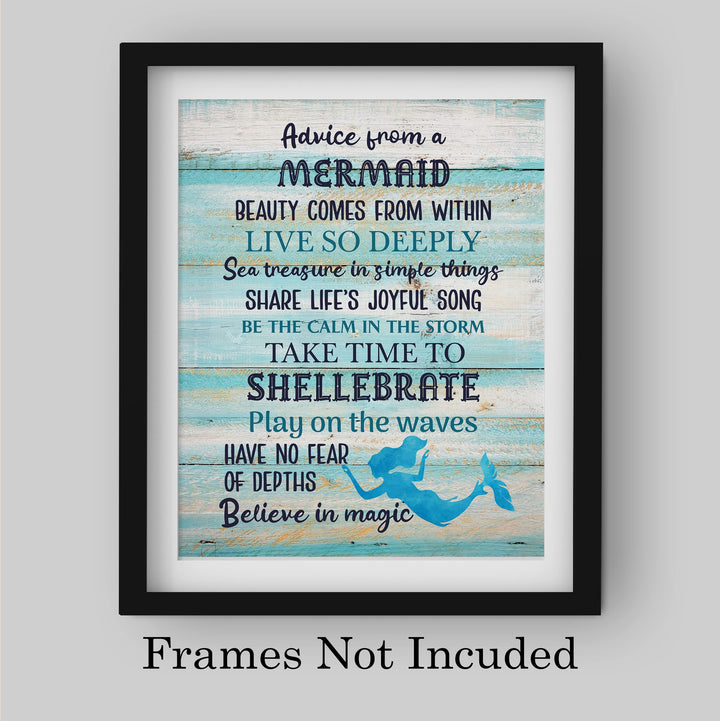 Advice From a Mermaid Inspirational Beach Wall Decor -8 x 10" Rustic Ocean Themed Art Print w/Distressed Wood Design -Ready to Frame. Home-Girls Bedroom-Nautical Decor. Perfect for the Beach House!
