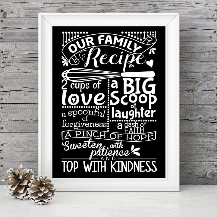 Our Family Recipe-Love-Laughter-Kindness- Family Wall Art Sign- 8 x 10"- Chalkboard Replica Print- Ready to Frame. Home D?cor-Kitchen Decor- Dining D?cor. Fun &amp; Perfect Housewarming Gift.