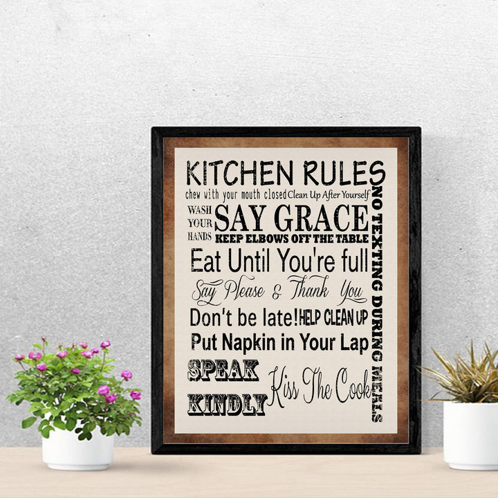 Kitchen Rules for Good Manners- Funny Kitchen Sign- 11 x 14" Humorous Typographic Wall Art Print-Ready to Frame. Perfect Home Decor &amp; Kitchen Decor. Fun Reminders to Inspire Good Table Manners!