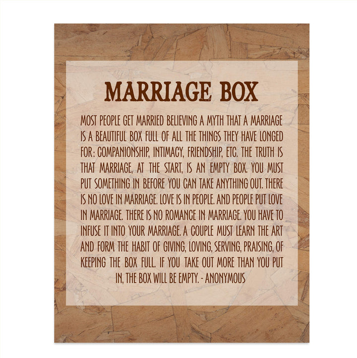 Marriage Box-Inspirational Wall Art- 8 x 10" Typographic Poster Print-Ready to Frame. Ideal Home-Bridal Shower-Wedding Decor. Great Engagement Gift. Perfect Advice for Newlyweds-Spouses-Partners!