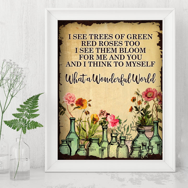What A Wonderful World Song Lyric Wall Art -8 x 10" Floral Music Lyrics Print -Ready to Frame. Rustic Wood Design Decor for Home-Studio-Bar-Man Cave. Great Gift for Louie Armstrong &amp; All Jazz Fans!