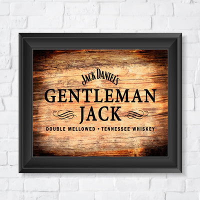 "Gentleman Jack"- Tennessee Bourbon Whiskey Wall Art - Rustic Wood Design Alcohol Print -Ready to Frame. Home-Kitchen-Bar-Man Cave Decor. Great Gift for All Liquor Drinkers!