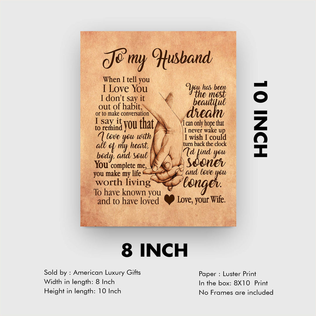 To My Husband-Love &amp; Marriage Wall Art Decor -8 x 10" Distressed Parchment Print with Holding Hands Image-Ready to Frame. Loving Keepsake for Spouses, Newlyweds. Perfect Wedding-Anniversary Gift!