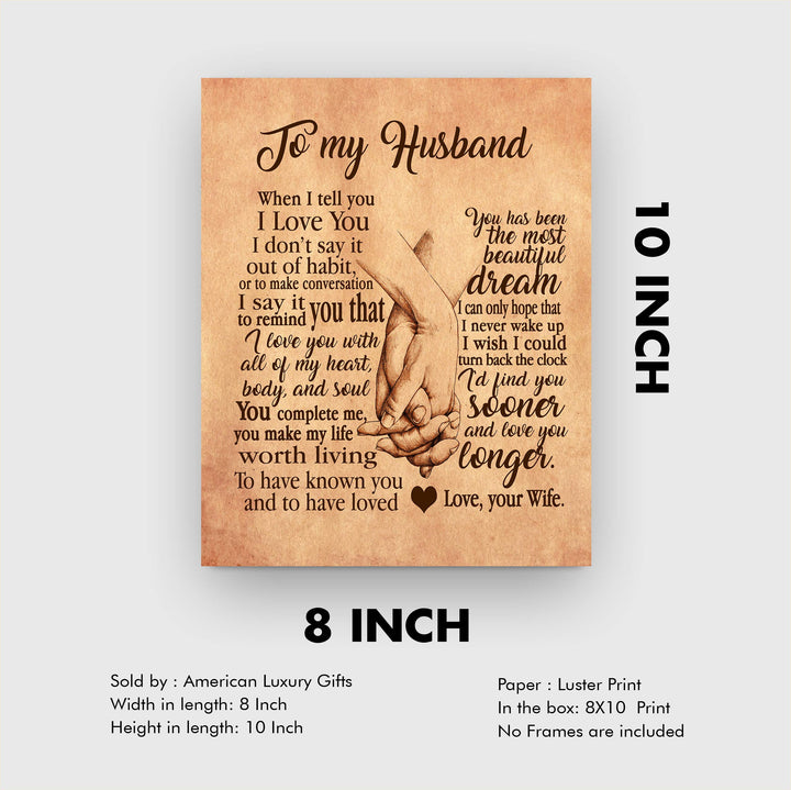 To My Husband-Love &amp; Marriage Wall Art Decor -8 x 10" Distressed Parchment Print with Holding Hands Image-Ready to Frame. Loving Keepsake for Spouses, Newlyweds. Perfect Wedding-Anniversary Gift!