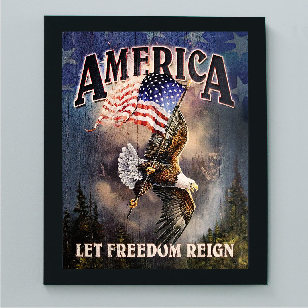 America-Let Freedom Reign-Rustic American Flag Wall Art -8 x 10" Patriotic USA Eagle Print -Ready to Frame. Home-Office-School-Bar-Cave Decor! Great Gift for Military-Veterans &amp; All Patriots!