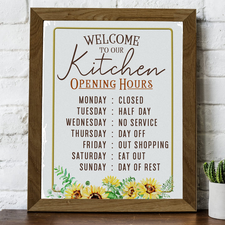 "Kitchen Opening Hours: Monday Closed" Funny Kitchen Wall Sign -11 x14" Typographic Farmhouse Wall Art Print -Ready to Frame. Perfect Home, Kitchen, &amp; Dining Decor. Fun for Family &amp; Guests!