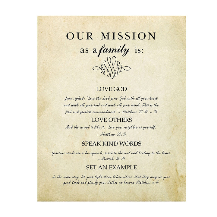 Our Mission-Bible Verse Wall Art Sign-8 x 10" Scripture Poster Print w/Replica Distressed Parchment Design-Ready to Frame. Christian Wall Decor for Home-Office-Church. Perfect Religious Keepsake!