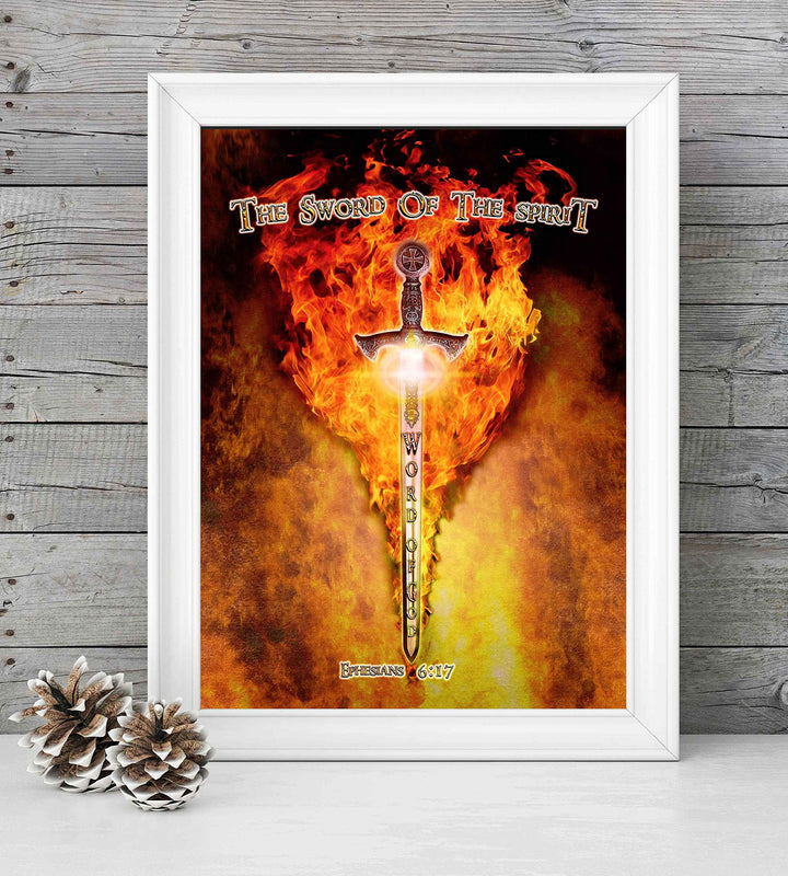 The Sword of the Spirit-Word of God-Ephesians 6:17-Bible Verse Wall Art-8 x 10"-Ready to Frame. Scripture Wall Print w/Replica Metal Sword &amp; Fire. Home-Office-Church D?cor. Perfect Christian Gift!