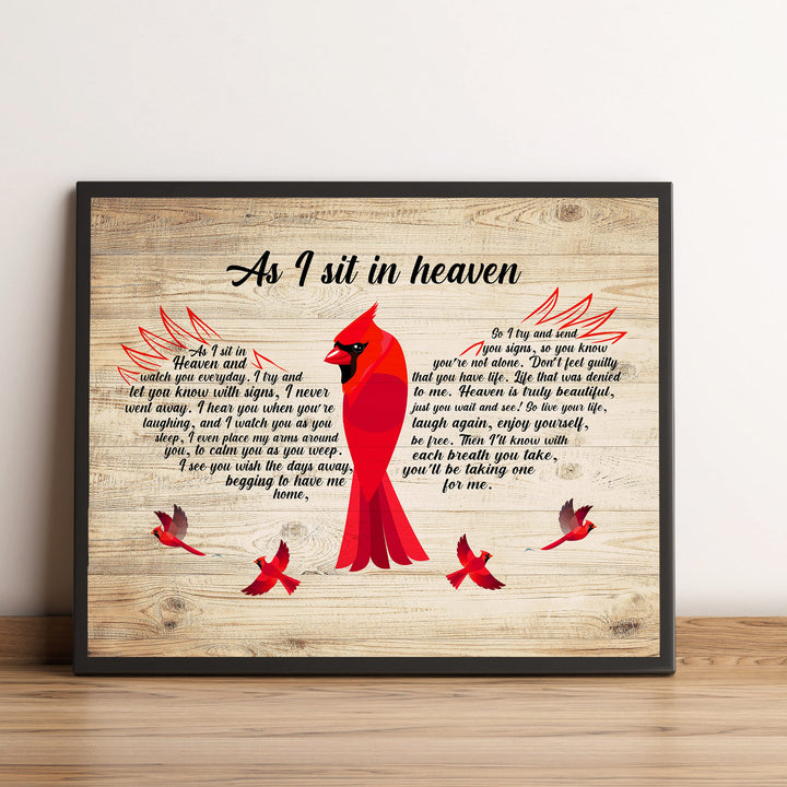 As I Sit In Heaven-Inspirational Cardinal Wall Art-8 x 10" Memorial Word Art Print on Replica Wood Design-Ready to Frame. Christian Home-Office-Spiritual-Remembrance Decor. Printed on Photo Paper.