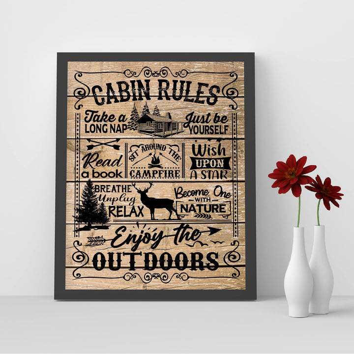Cabin Rules- Rustic Wall Decor -8 x 10" Replica Distressed Wood Print-Ready to Frame. Perfect Wall Decor for Lake House-Lodge. Great Reminders to Relax and Enjoy Life! Printed on Photo Paper.