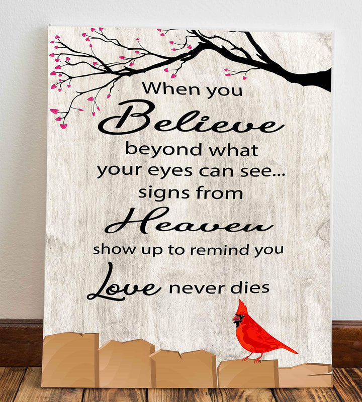 Signs From Heaven Remind You-Love Never Dies-Inspirational Christian Wall Art-8 x 10" Memorial Poster Print w/Red Cardinal Image-Ready to Frame. Perfect Home-Spiritual Decor. Great Gift of Faith!
