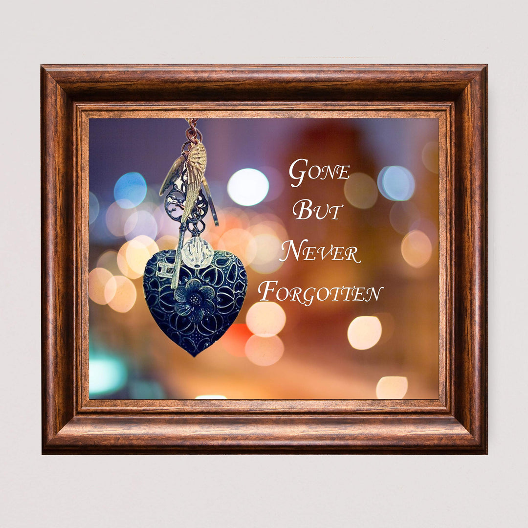 Gone But Never Forgotten-Inspirational Wall Art Decor -10 x 8" Memorial Poster Print w/Heart, Key, and Angel Wing Images-Ready to Frame. Loving, Sentimental Keepsake for Family and Friends.