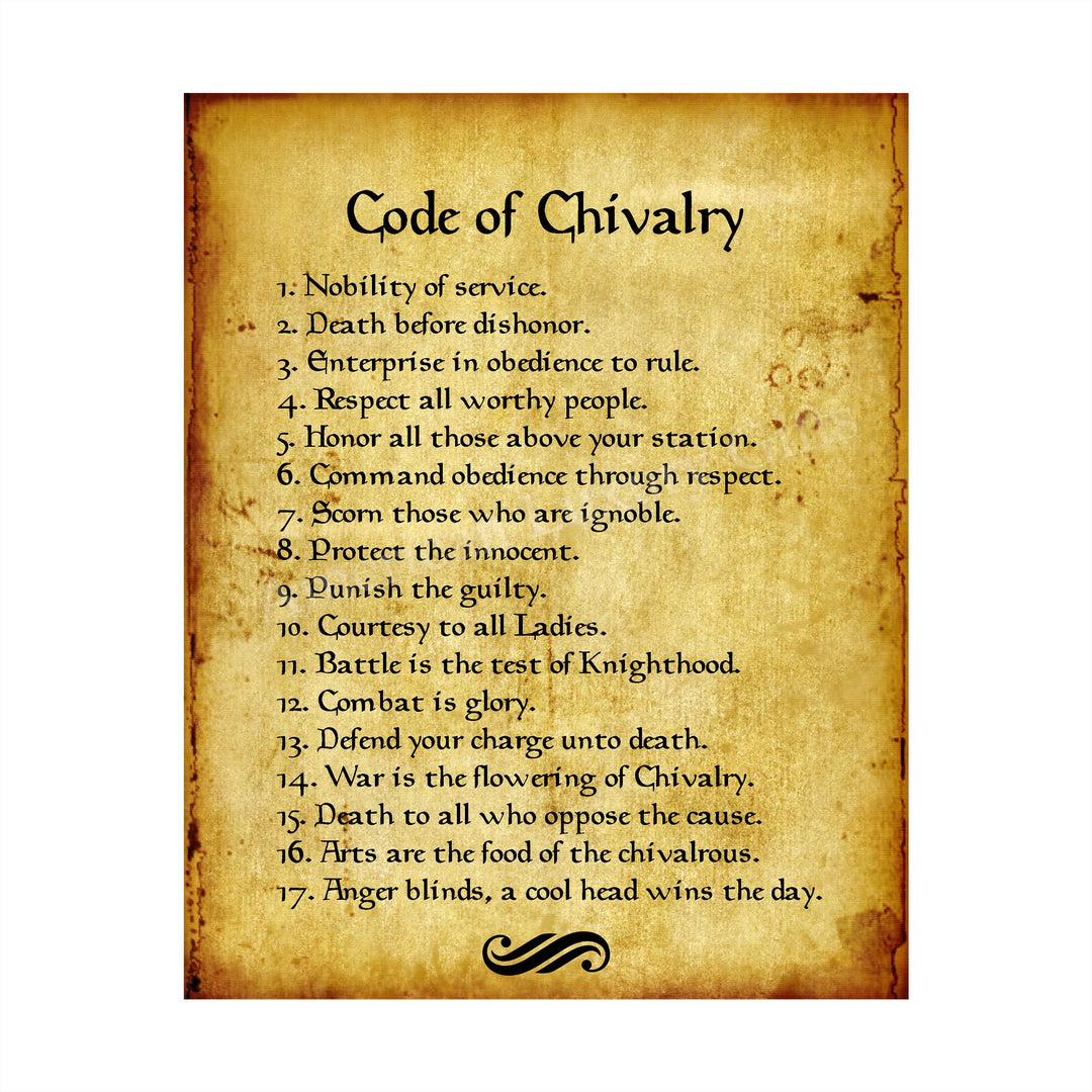 Code of Chivalry Motivational Wall Art for Men -8 x 10" Typographic Poster Print-Ready to Frame. Distressed Parchment Design. Home-Office-Man Cave-School Decor. Great Advice for All Gentlemen!