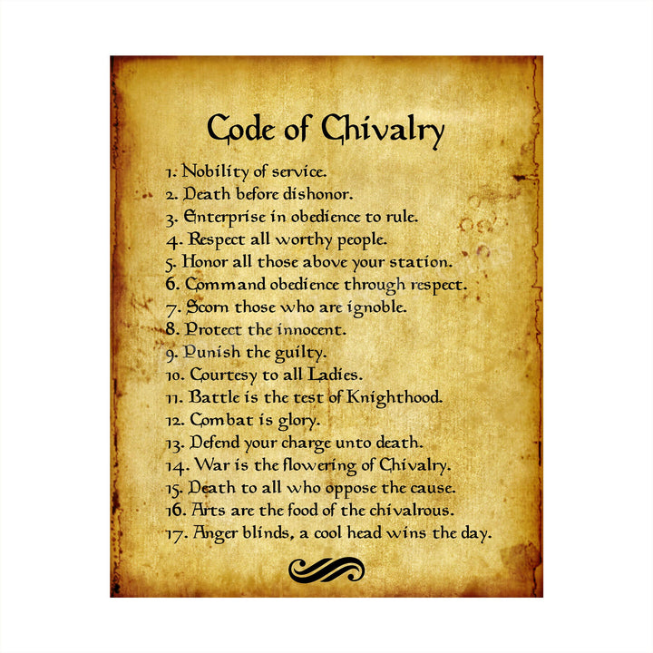 Code of Chivalry Motivational Wall Art for Men -8 x 10" Typographic Poster Print-Ready to Frame. Distressed Parchment Design. Home-Office-Man Cave-School Decor. Great Advice for All Gentlemen!