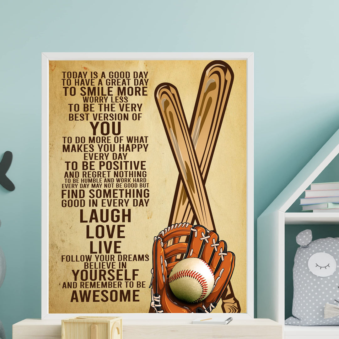 Today Is a Good Day -Be Awesome Inspirational Baseball Wall Art Sign -11 x 14" Rustic Wooden Baseball Bat &amp; Glove Poster Print -Ready to Frame. Motivational Keepsake Gift for All Ball Players!